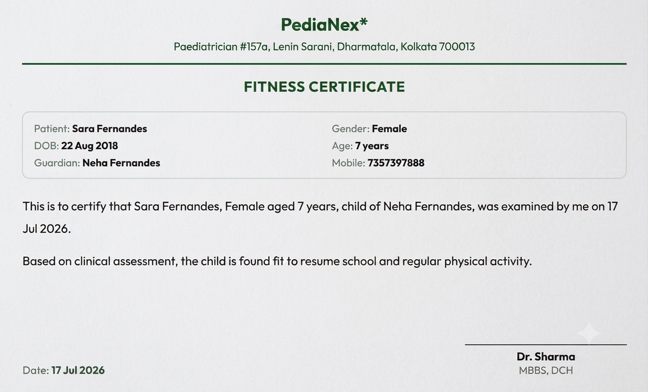 Sample fitness certificate with clinic letterhead and patient details filled in automatically