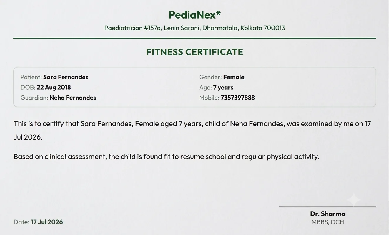 Sample vaccination certificate generated by PediaNex