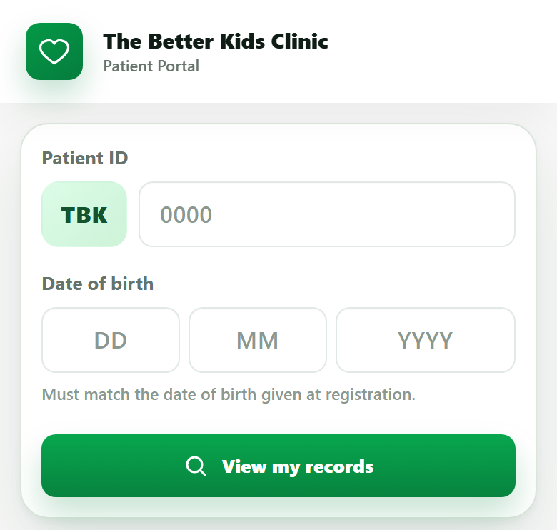 Digital patient intake form displayed on a phone screen for a pediatric clinic