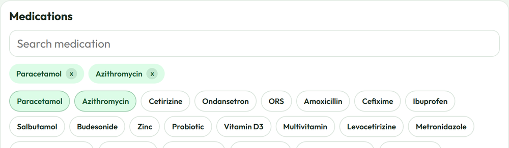 Sample medication picker from the prescription builder, showing selected medications pinned above ranked suggestions