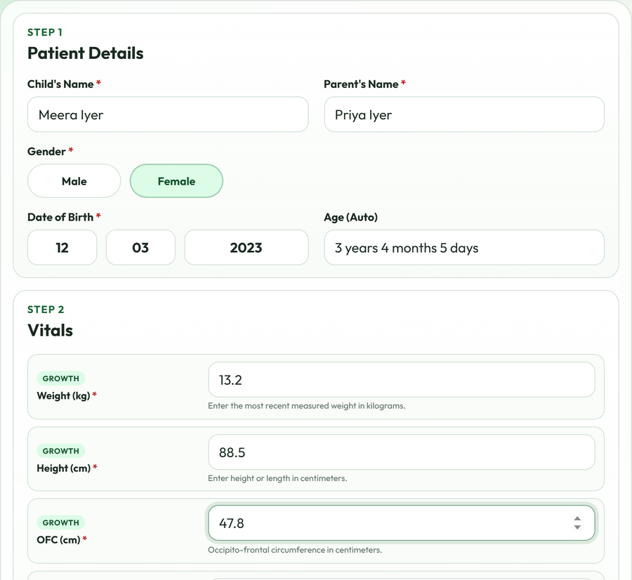 Sample standalone chart tool showing auto-detected chart types after entering a child's vitals, with no patient record needed