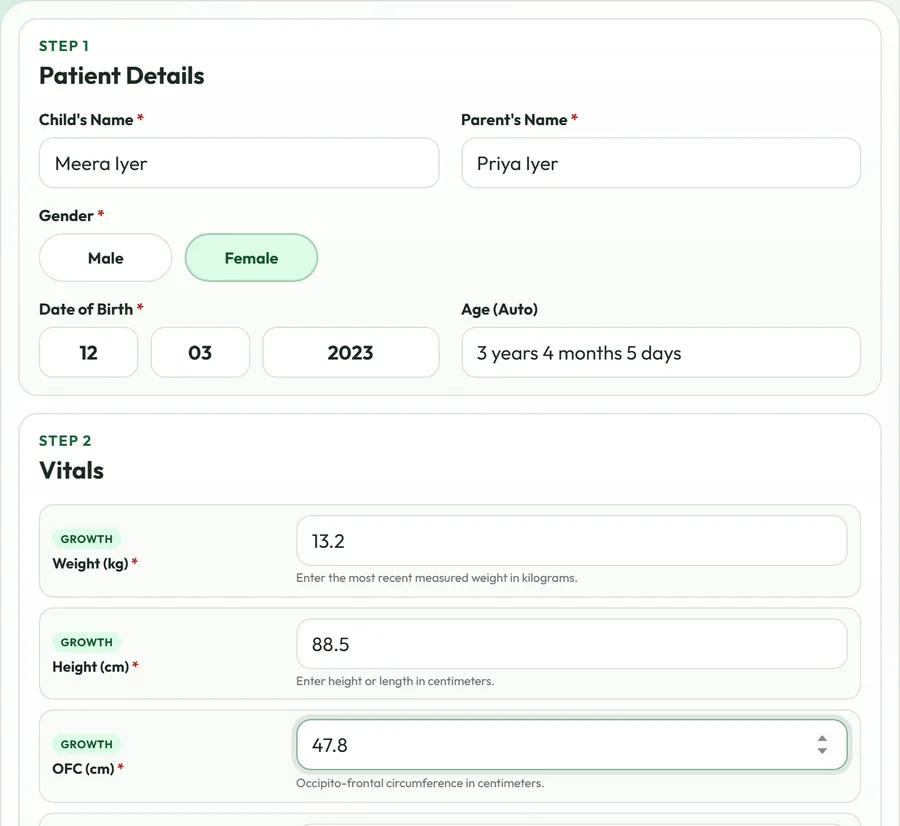 Screening mode in PediaNex recording a child's measurements and observations